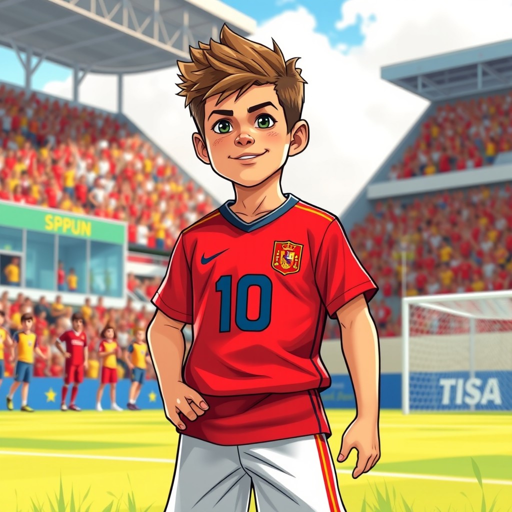 A tan boy wearing a vibrant Spain soccer jersey, featuring bright colors and details characteristic of the Blue Lock art style