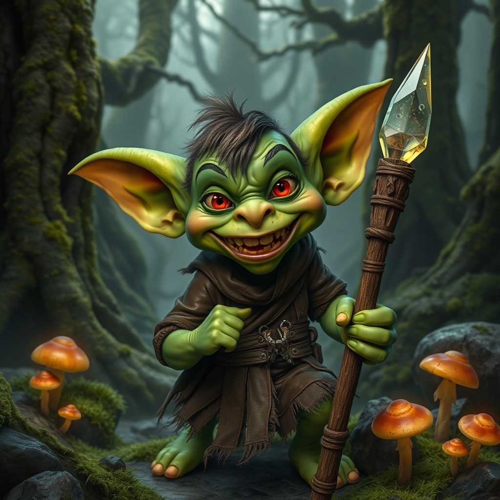 A mischievous goblin with bright green skin and oversized ears, wearing ragged brown clothes made of patched leather