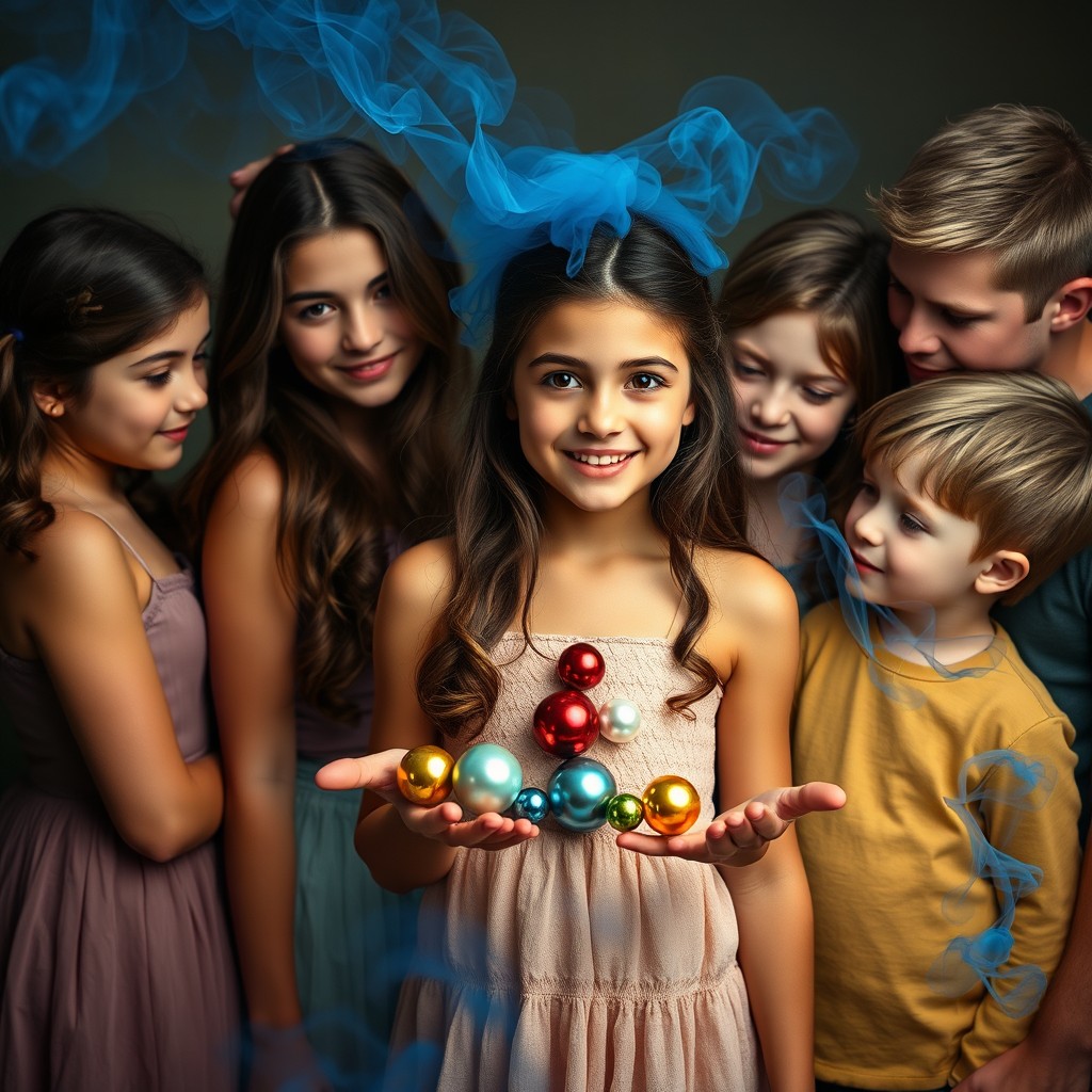A very beautiful brunette girl standing vibrantly, surrounded by her identical twin sister, an older brunette girl, a muscular brown-haired boy, and a blond boy with brown eyes looking affectionately at her