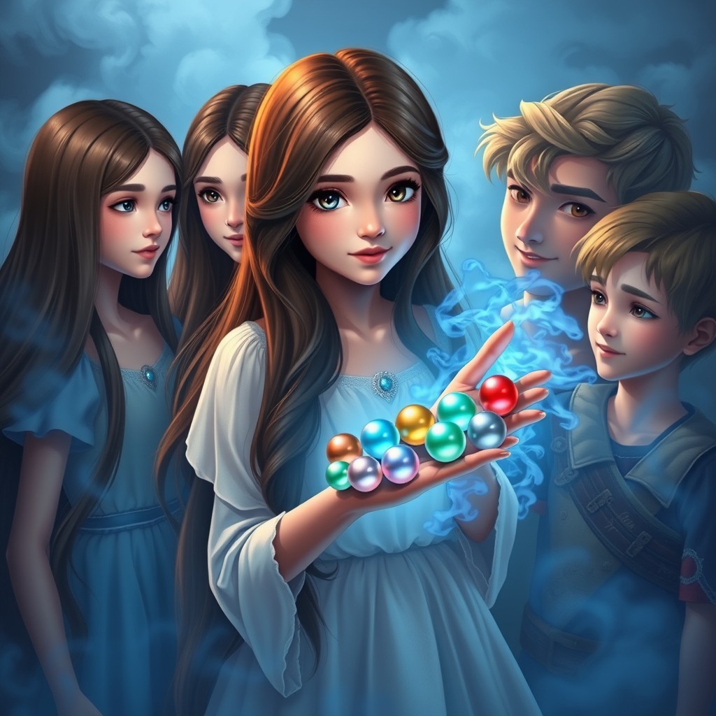 A very beautiful brunette girl, with long flowing hair, stands surrounded by her identical twin sister, a slightly older brunette girl, giving a serene look