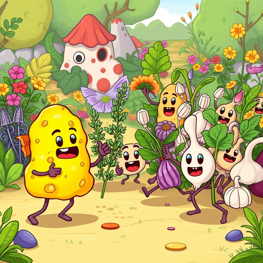 A vibrant cartoon scene depicting a battle between cheerful mold characters and an army of natural herbs such as thyme, mint, and garlic