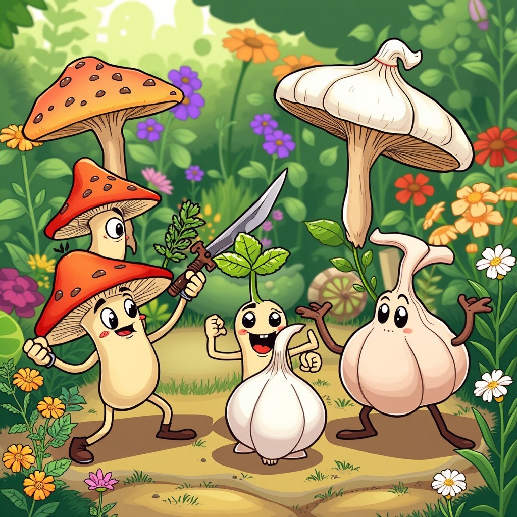 A whimsical cartoon scene depicting a vibrant battle between cartoonish fungi (mushrooms) and an alliance of natural herbs like thyme, mint, and garlic