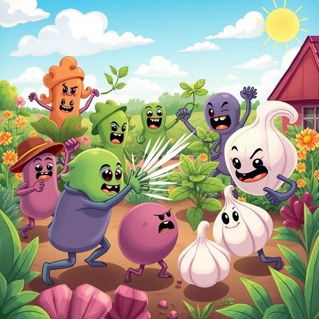 A vibrant and whimsical cartoon scene depicting a battle of mold characters engaged in combat