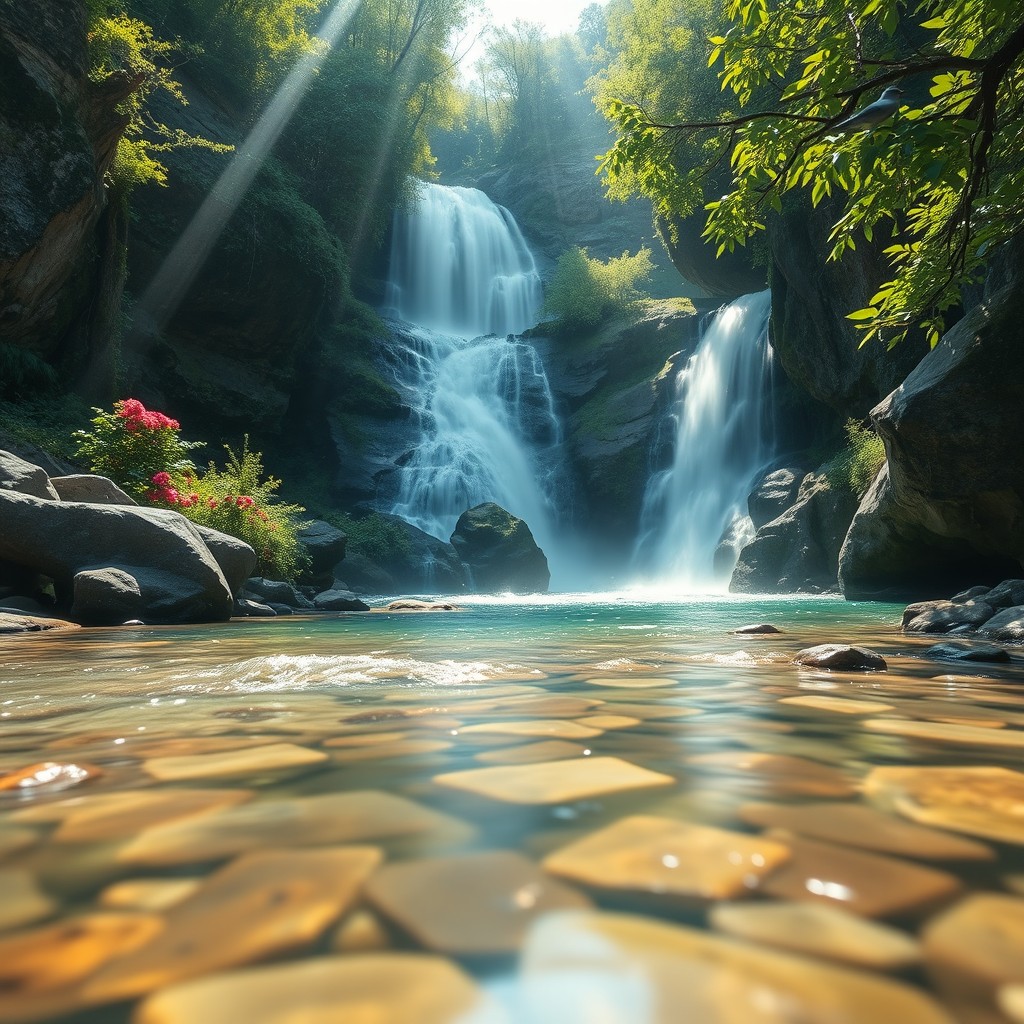 A vibrant and engaging video scene featuring a lush forest waterfall cascading down rocky cliffs, surrounded by greenery and colorful flowers