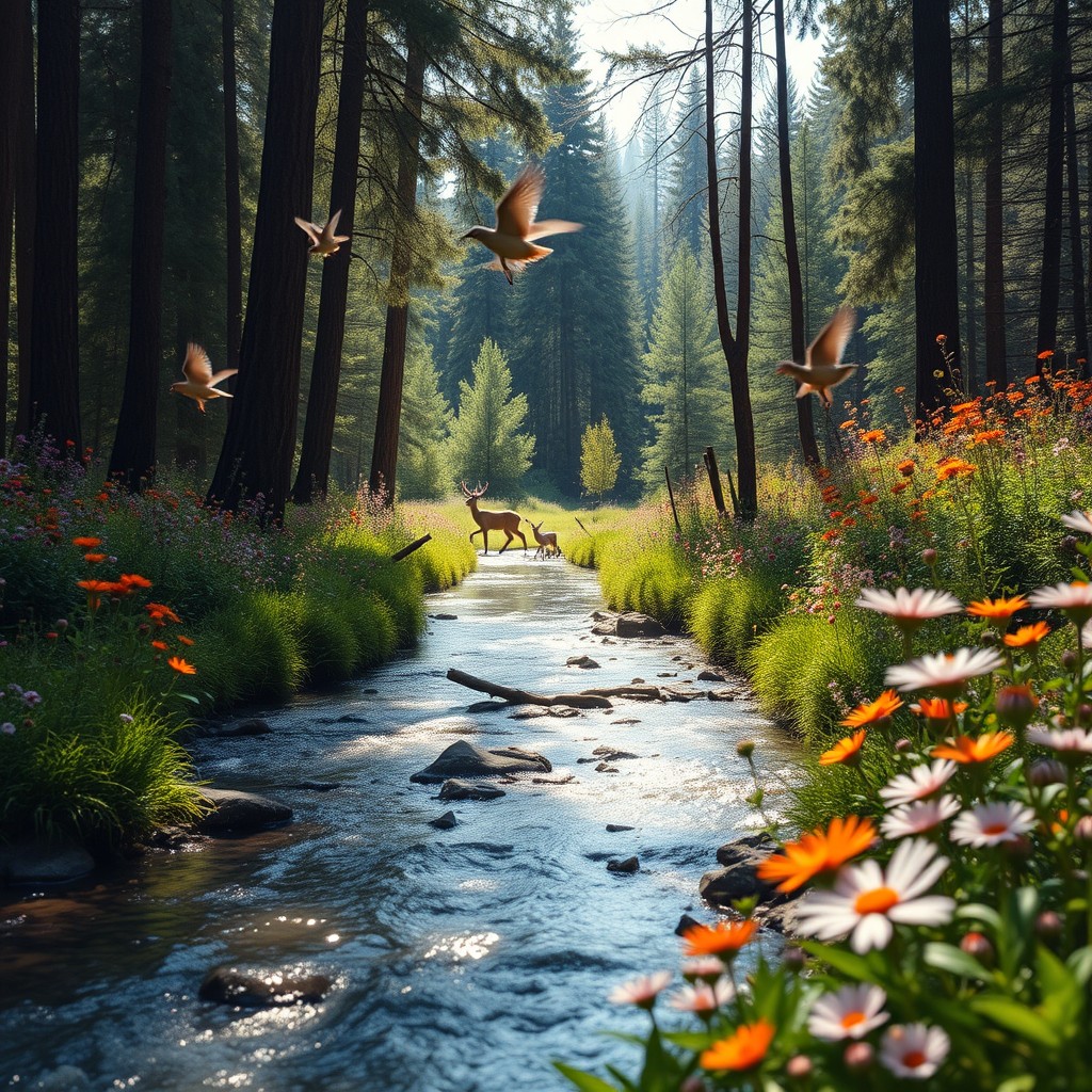 A dynamic and engaging video showcasing a serene nature landscape where a gentle stream flows through a lush forest filled with vibrant wildflowers and tall trees