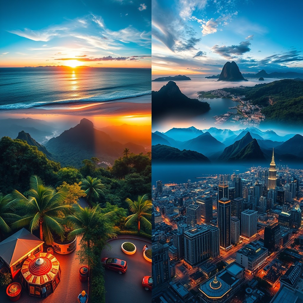 A visually stunning and dynamic video montage showcasing various breathtaking locations around the world, featuring stunning sunsets at beaches, vibrant cityscapes, lush green forests, and majestic mountains