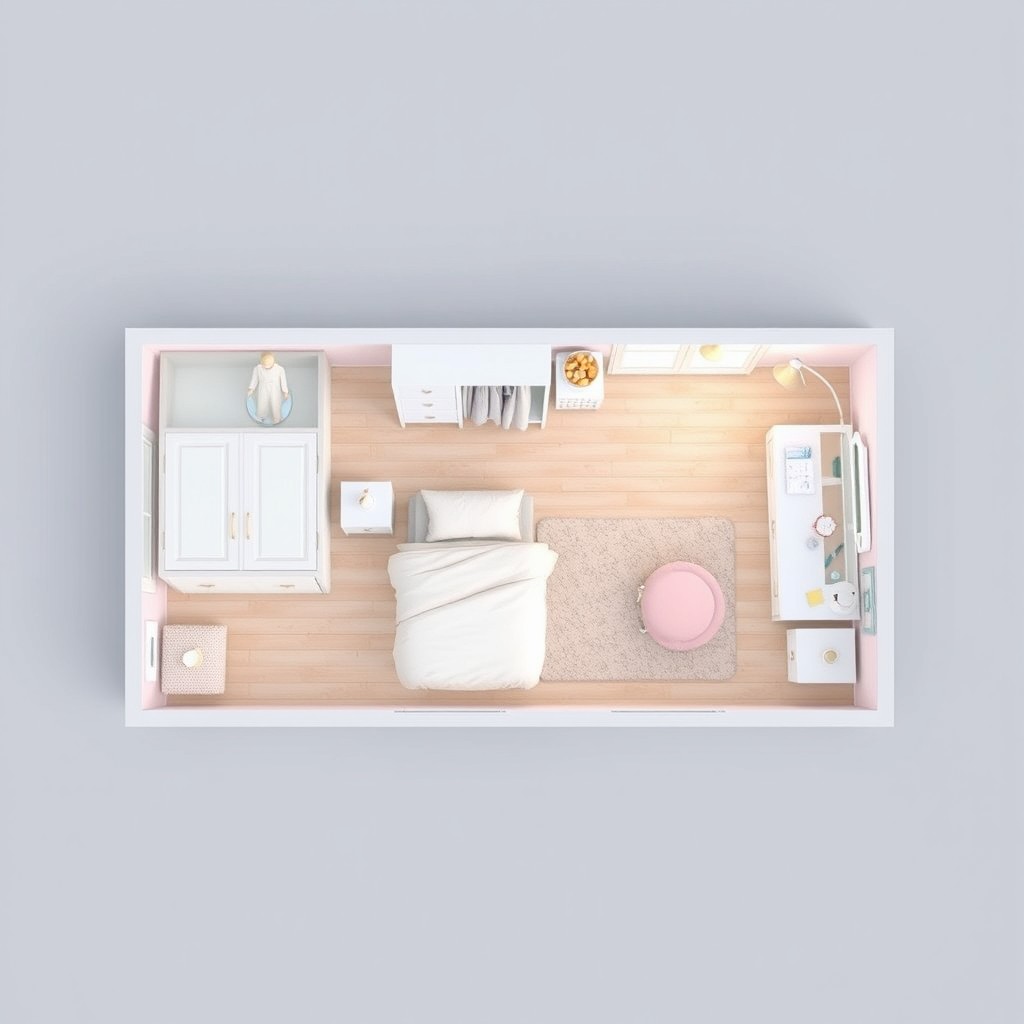 An overhead floor plan of a girl's bedroom featuring a bed, a wardrobe, and a makeup table