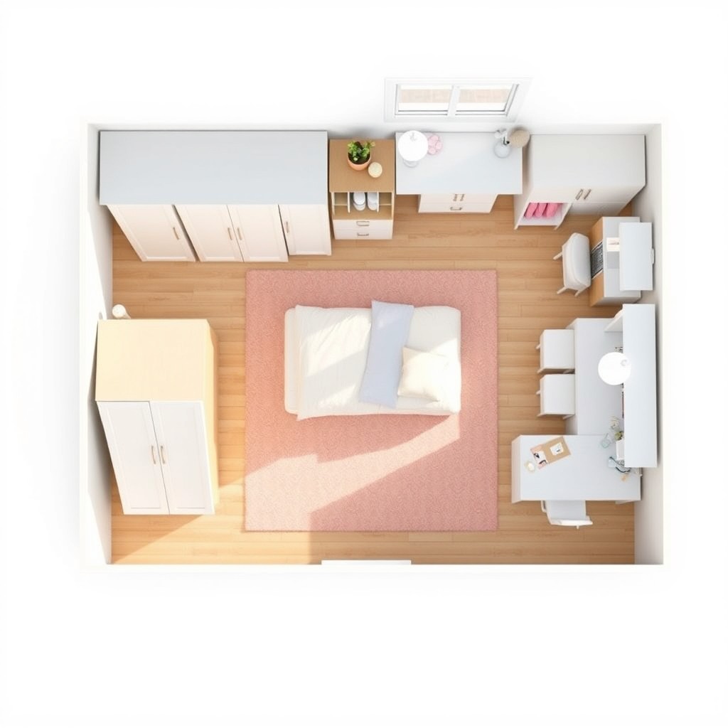 An overhead layout of a girl's bedroom featuring a bed, a wardrobe, and a makeup table