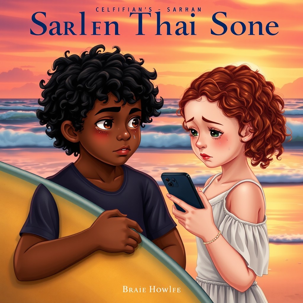 A book cover featuring a young boy with dark brown skin and curly black hair, holding a surfboard under one arm