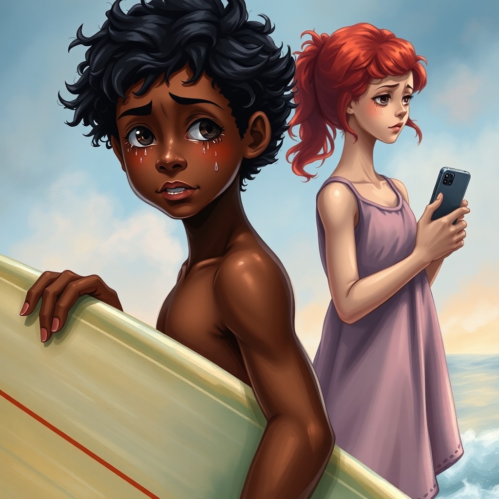 A captivating book cover featuring a young boy with dark brown skin and curly black hair, holding a surfboard under one arm