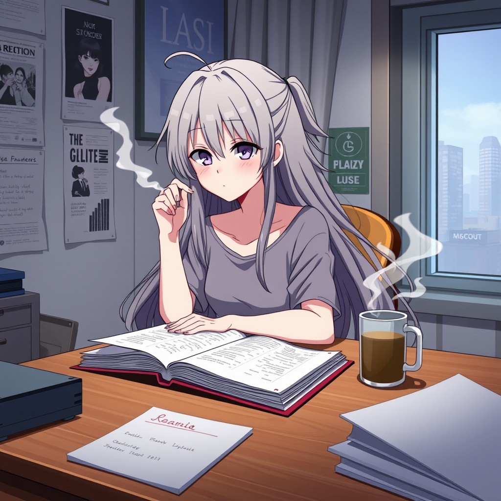 An anime girl with long, flowing hair, sitting at a cozy room desk, focused on studying