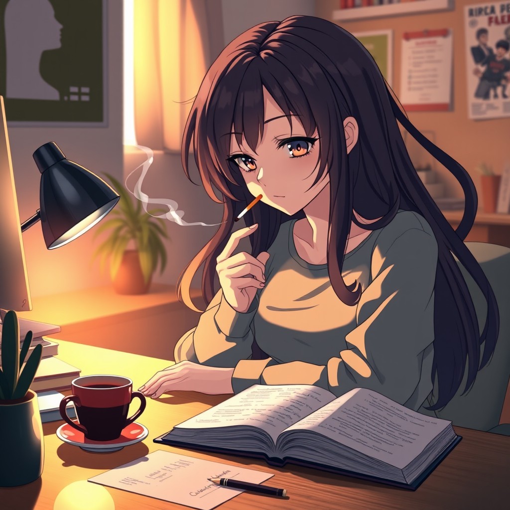 An anime girl with long, flowing hair, deeply focused while studying at her desk in a cozy room