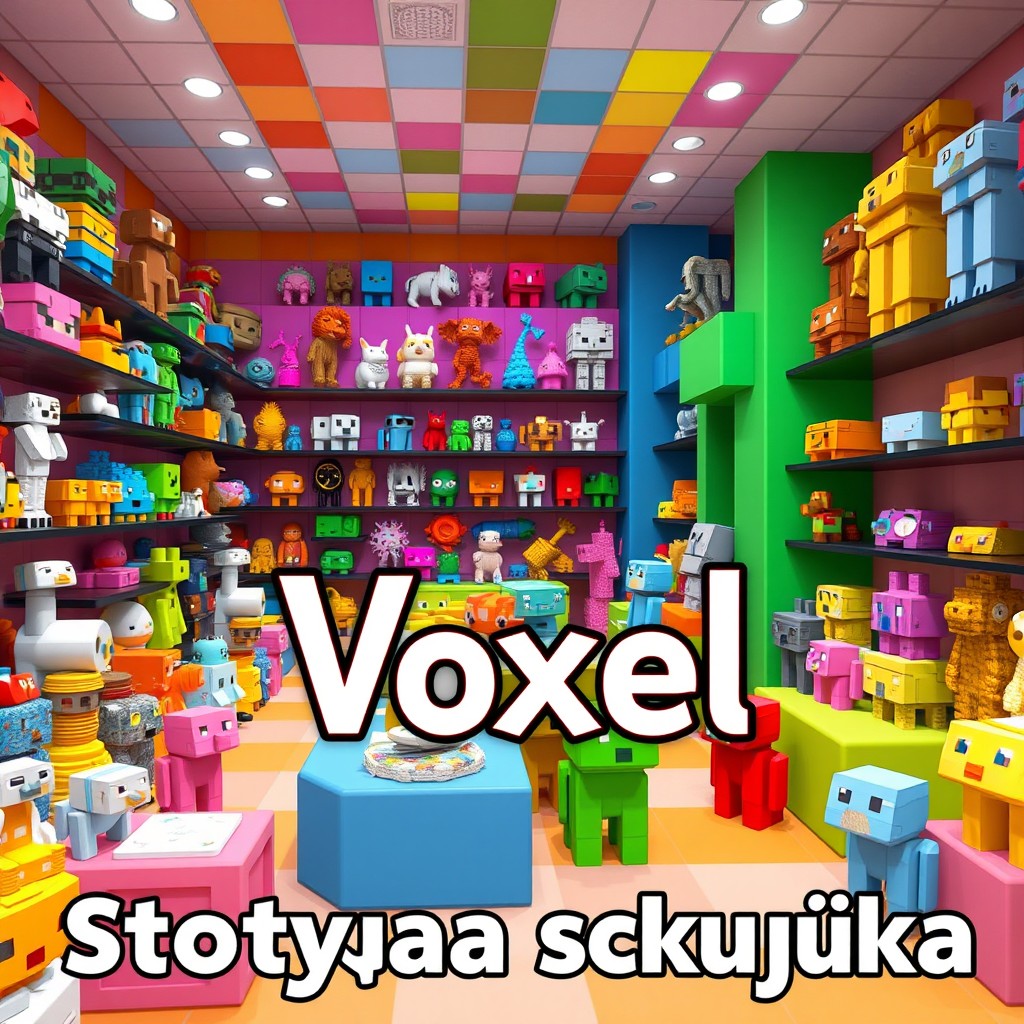 A vibrant and colorful virtual space showcasing various unusual models and figures designed in a voxel style, reminiscent of pixel art similar to Minecraft