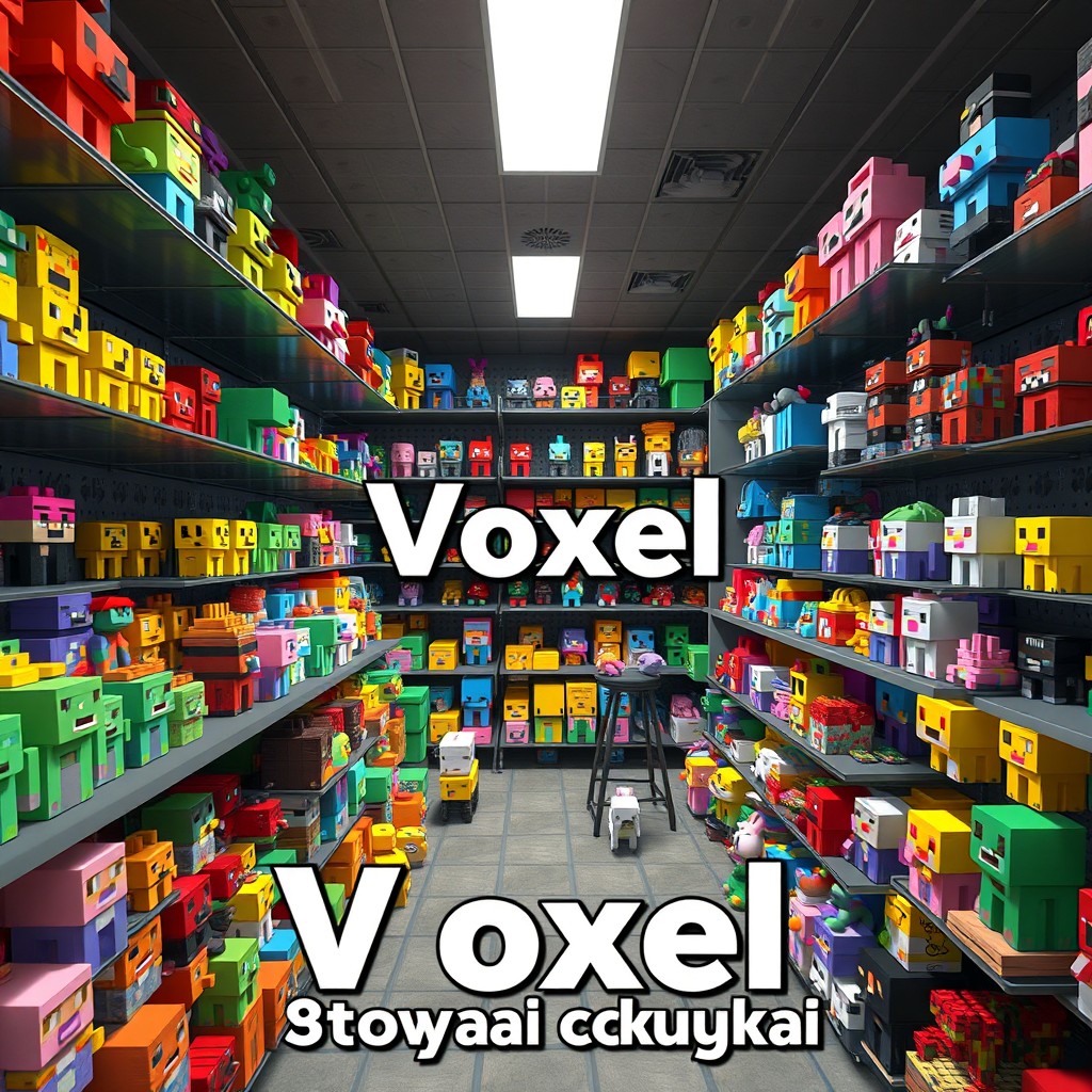 A virtual space representing a wholesale marketplace for voxel models, showcasing a variety of unusual models and figures in a voxel style similar to Minecraft