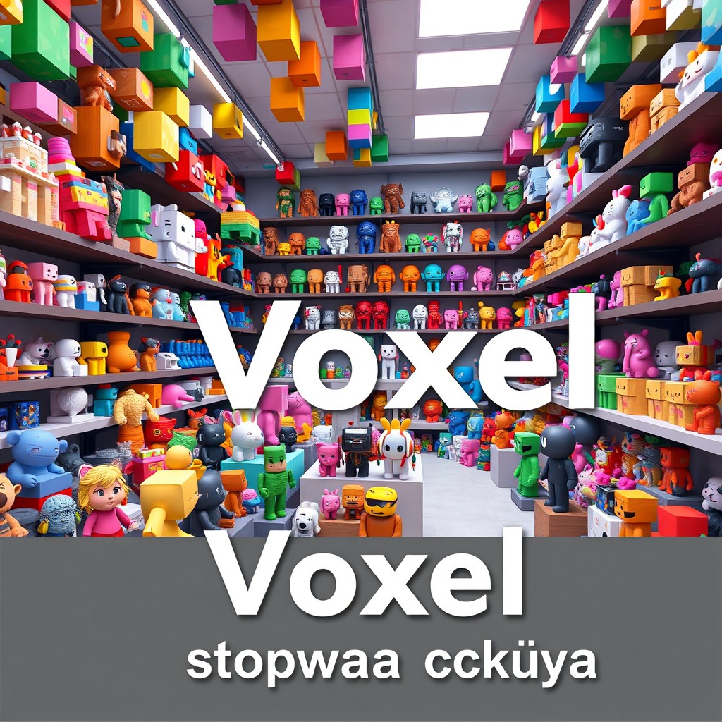 A vibrant virtual space showcasing various unique voxel-style models and figures, crafted from colorful cubic blocks reminiscent of pixels, capturing the essence of creativity and diversity possible with voxel technology