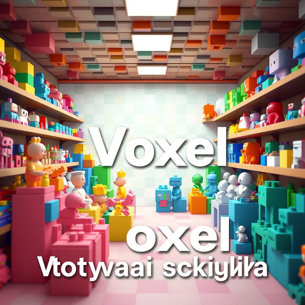A vibrant virtual space showcasing a variety of unique voxel models and figures made up of colorful cubic blocks reminiscent of pixels, depicting a wholesale purchase environment