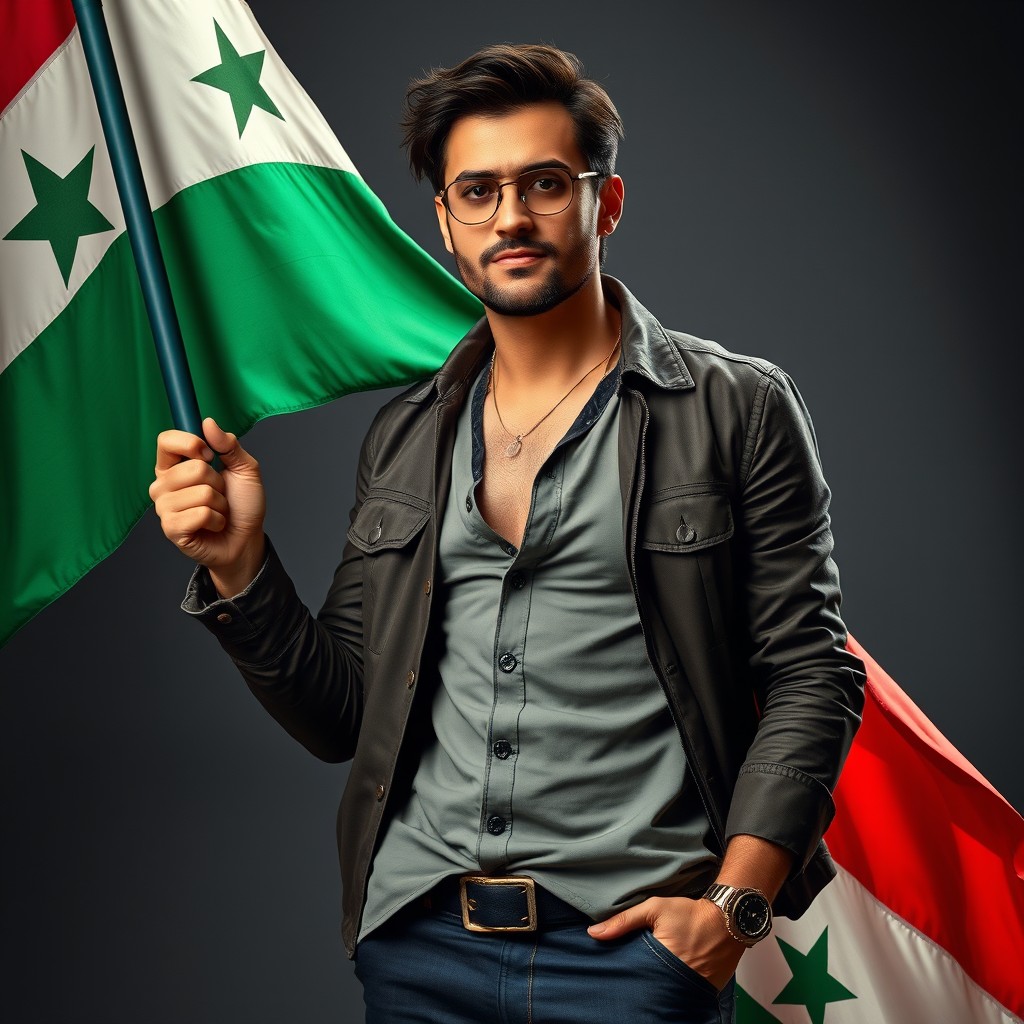 A famous celebrity holding the Syrian flag in a ultra realistic style