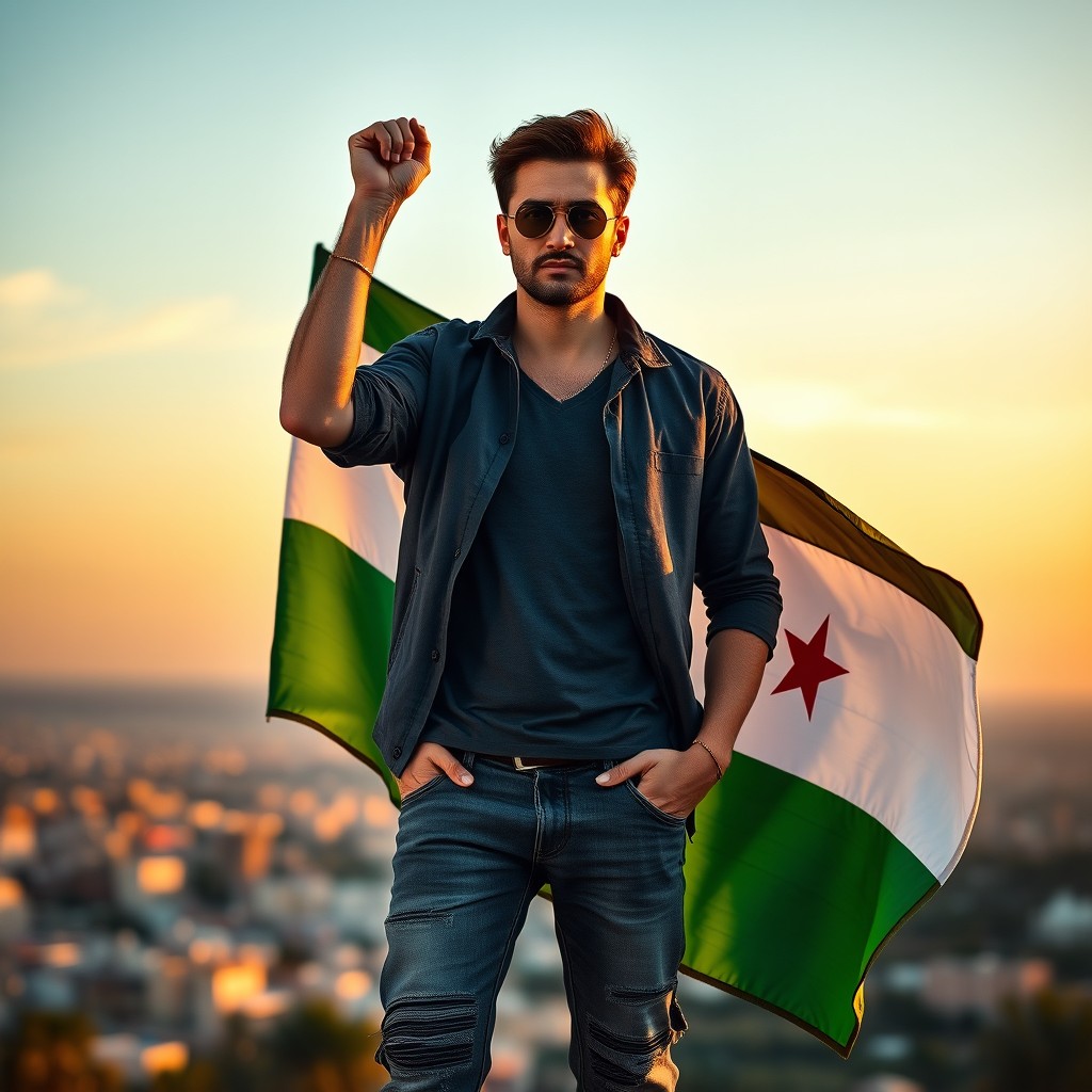 A famous celebrity standing confidently while holding the Syrian flag, showcasing an ultra-realistic portrayal