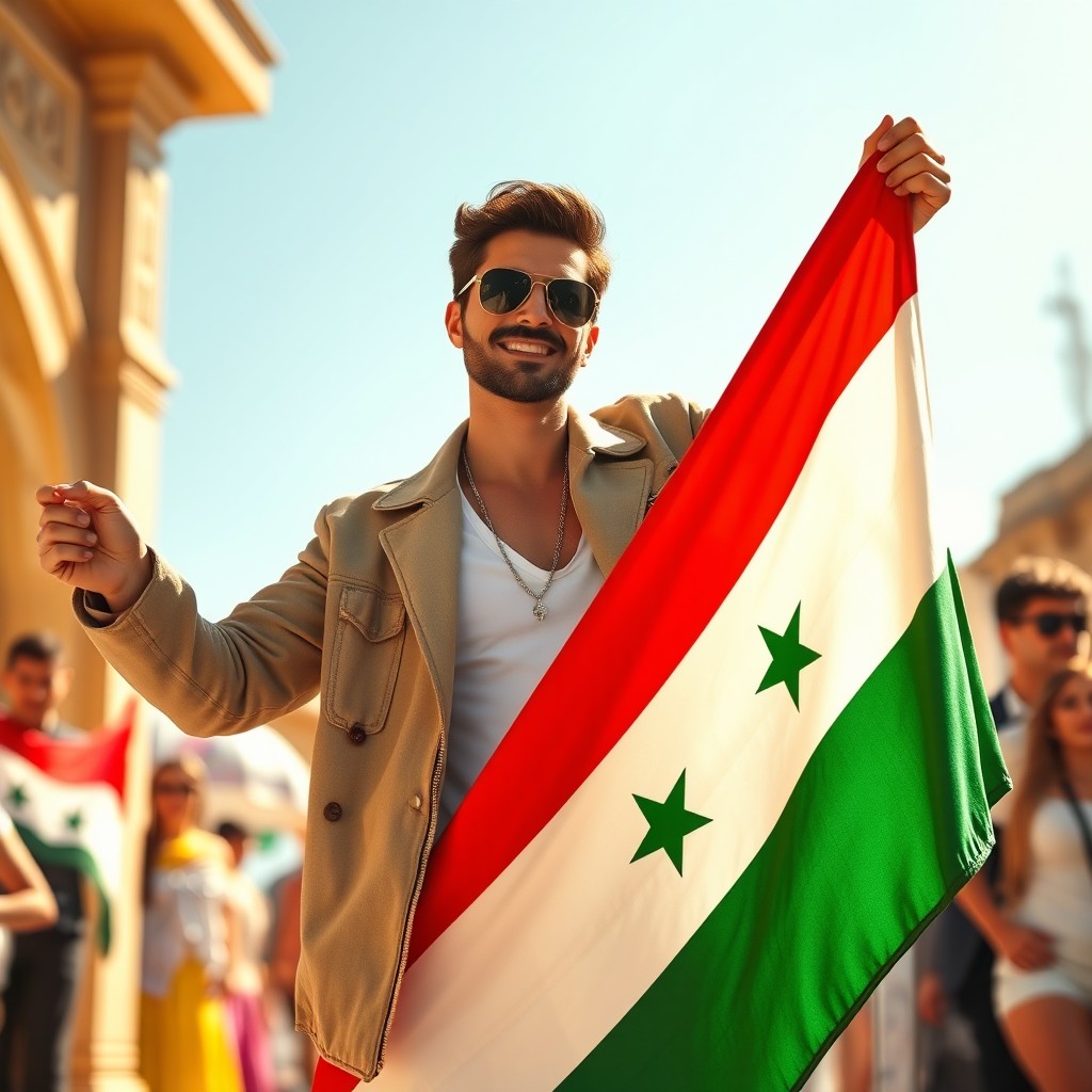 A famous celebrity holding the Syrian flag with a proud expression, surrounded by a vibrant backdrop that represents Syrian culture