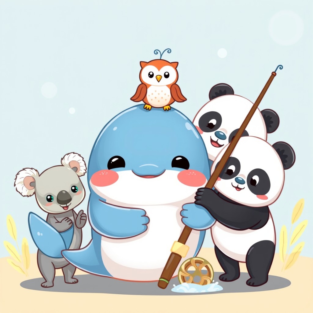 A cute whale giving a warm hug while holding a fishing rod, accompanied by an adorable panda on the right and a charming koala on the left