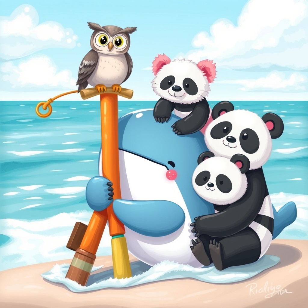 A cute whale hugging a brightly colored fishing rod, with a charming panda sitting to the right of the whale, and an adorable koala perched to the left