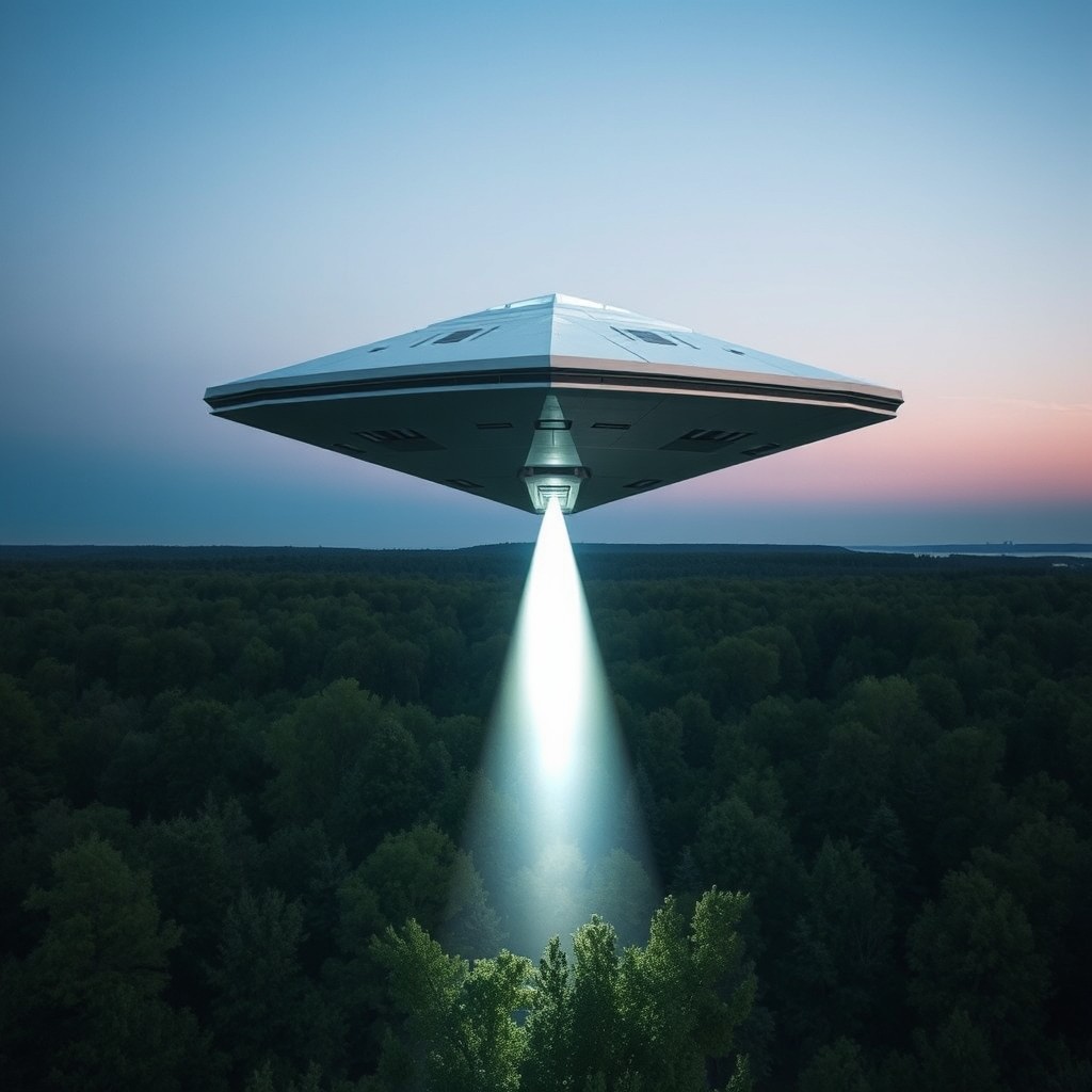 A triangular UFO hovering over a lush green forest, featuring sharp angular edges rather than rounded shapes