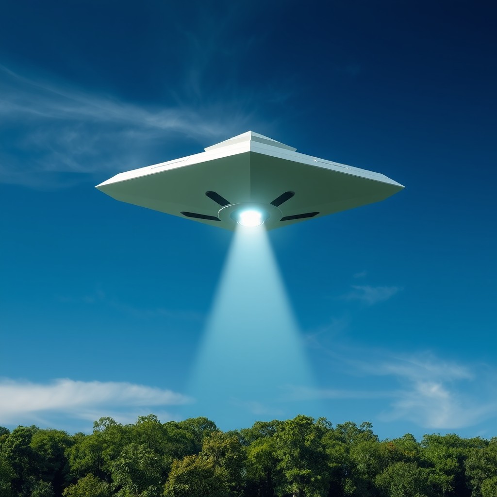 A triangular UFO hovering over a lush green forest