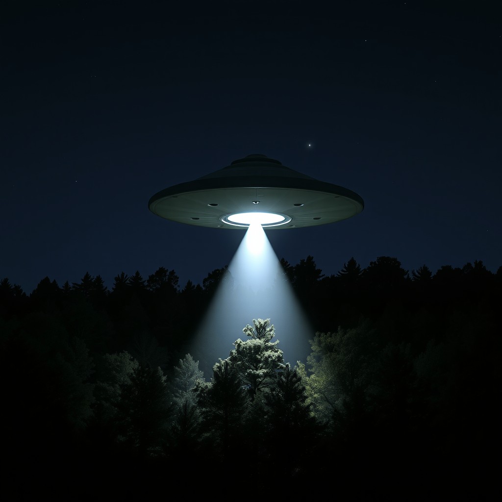 A triangular UFO hovering over a dense, dark forest