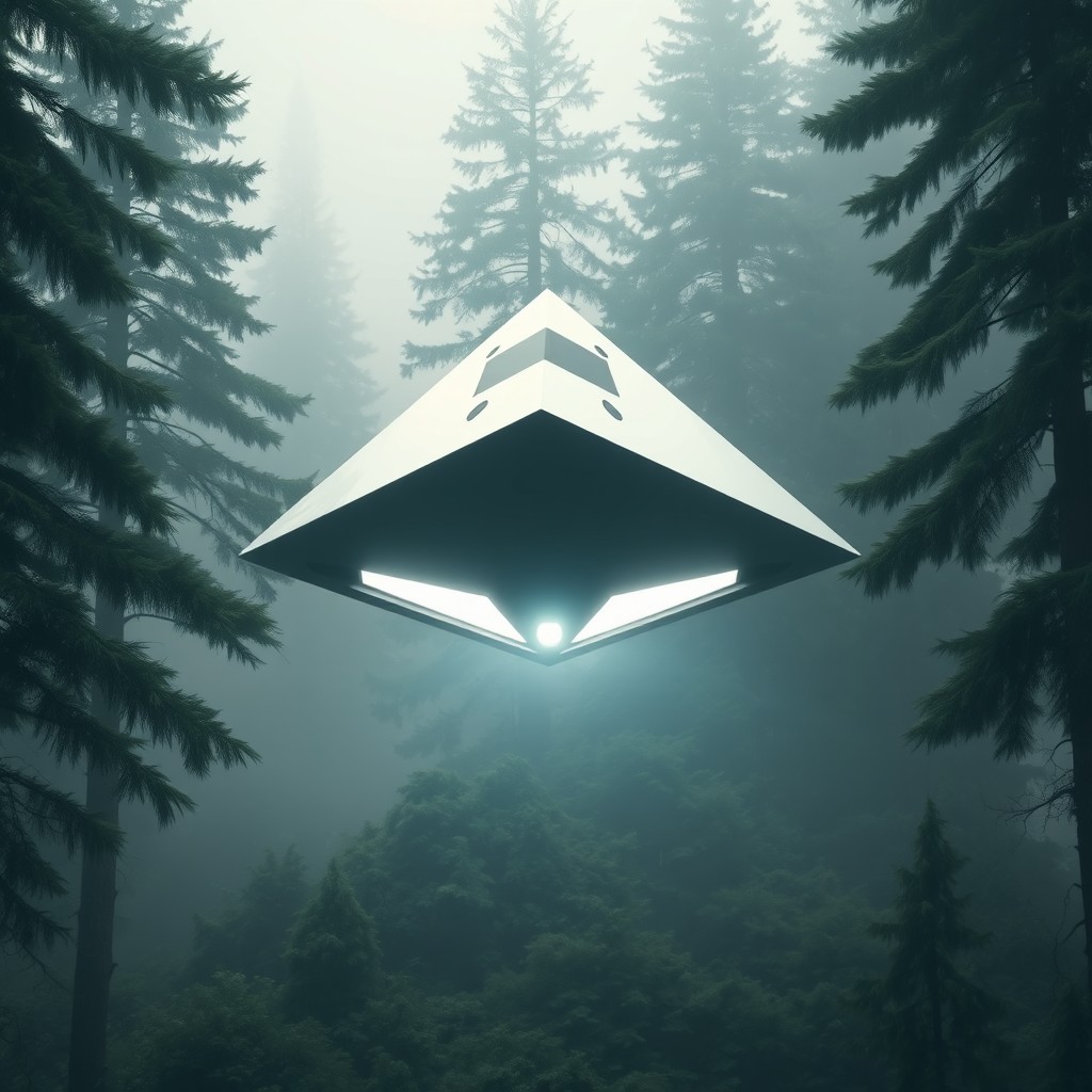 A triangular UFO hovering over a dense forest, featuring sharp angular lines and a sleek white surface
