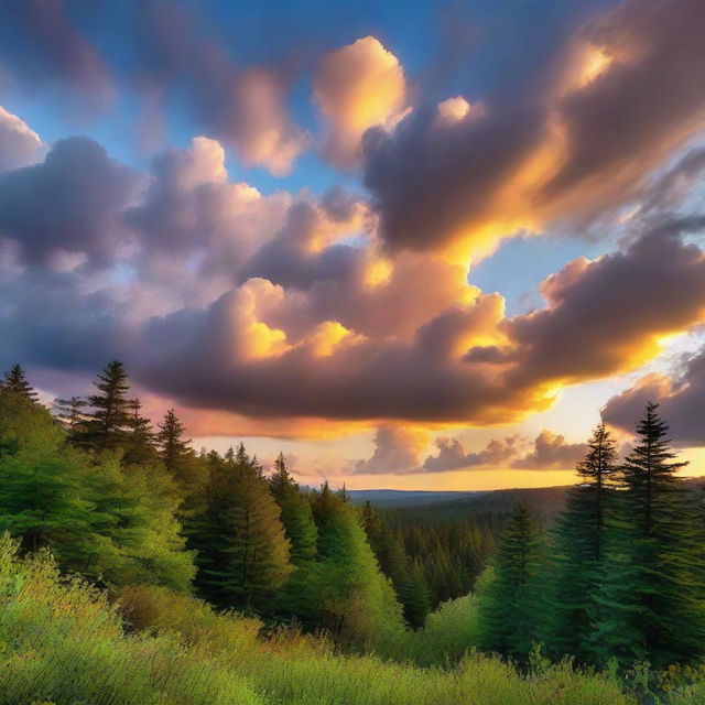 A stunning sunset with radiant colors illuminating clouds above a verdant forest of trees.