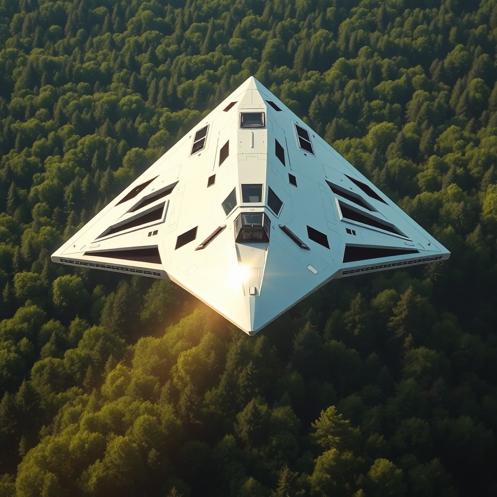 A triangular spaceship hovering above a lush green forest