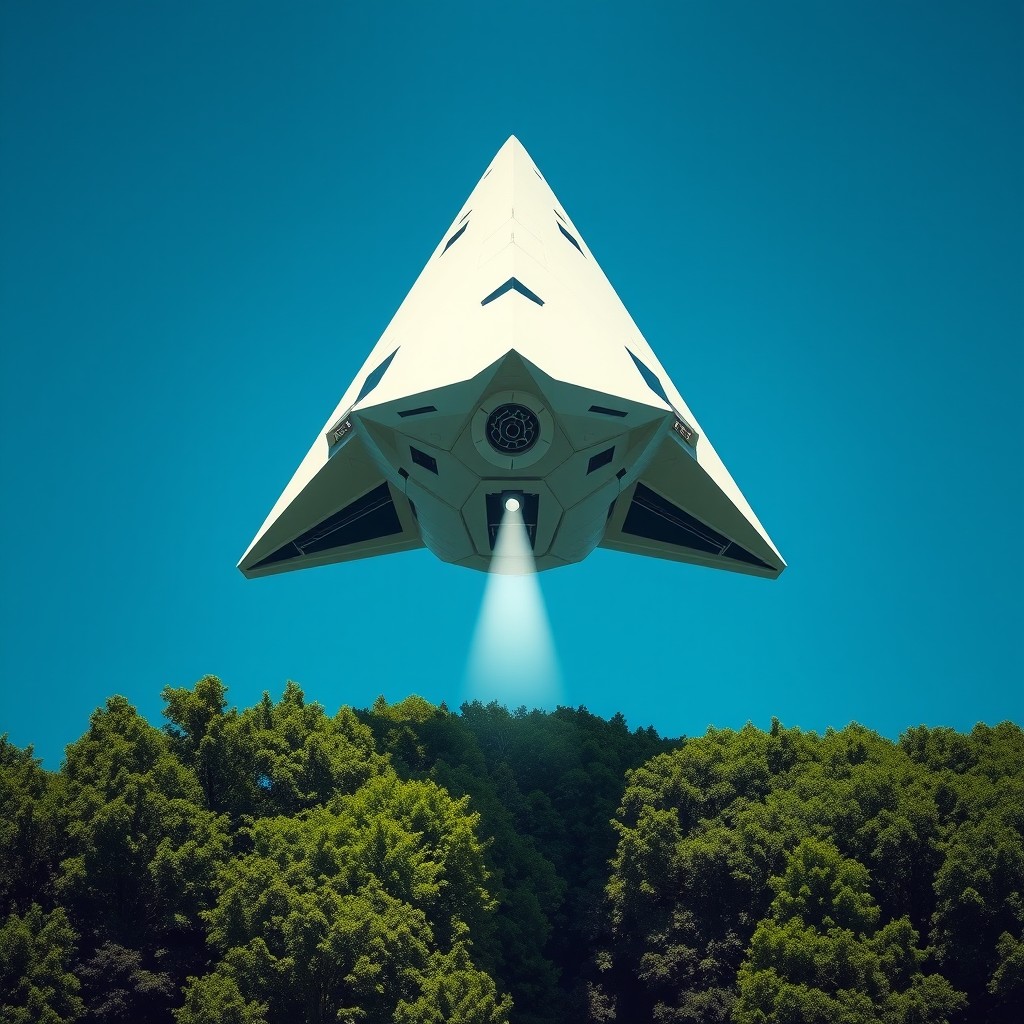 A triangular spaceship with a sharp nose, hovering elegantly over a lush green forest