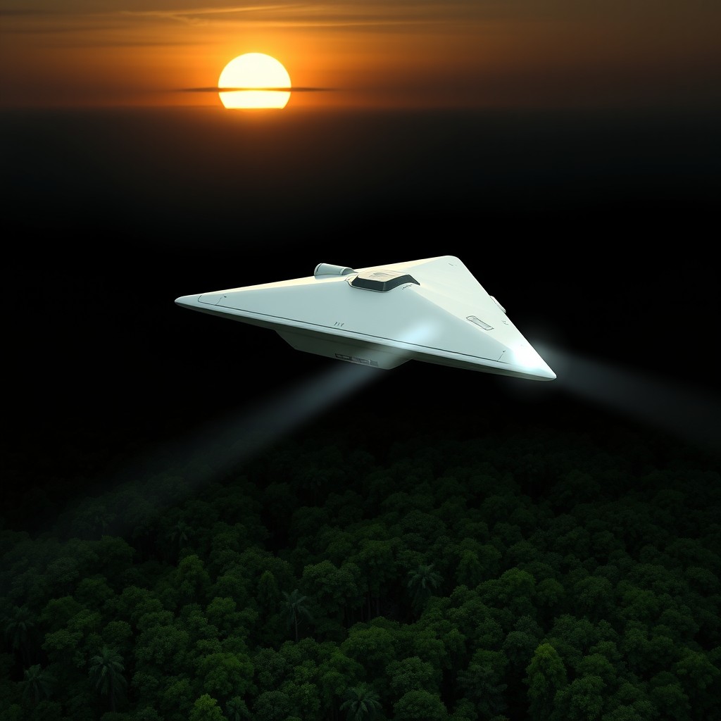 A triangular white spaceship with a sharp nose, hovering over a dense green forest