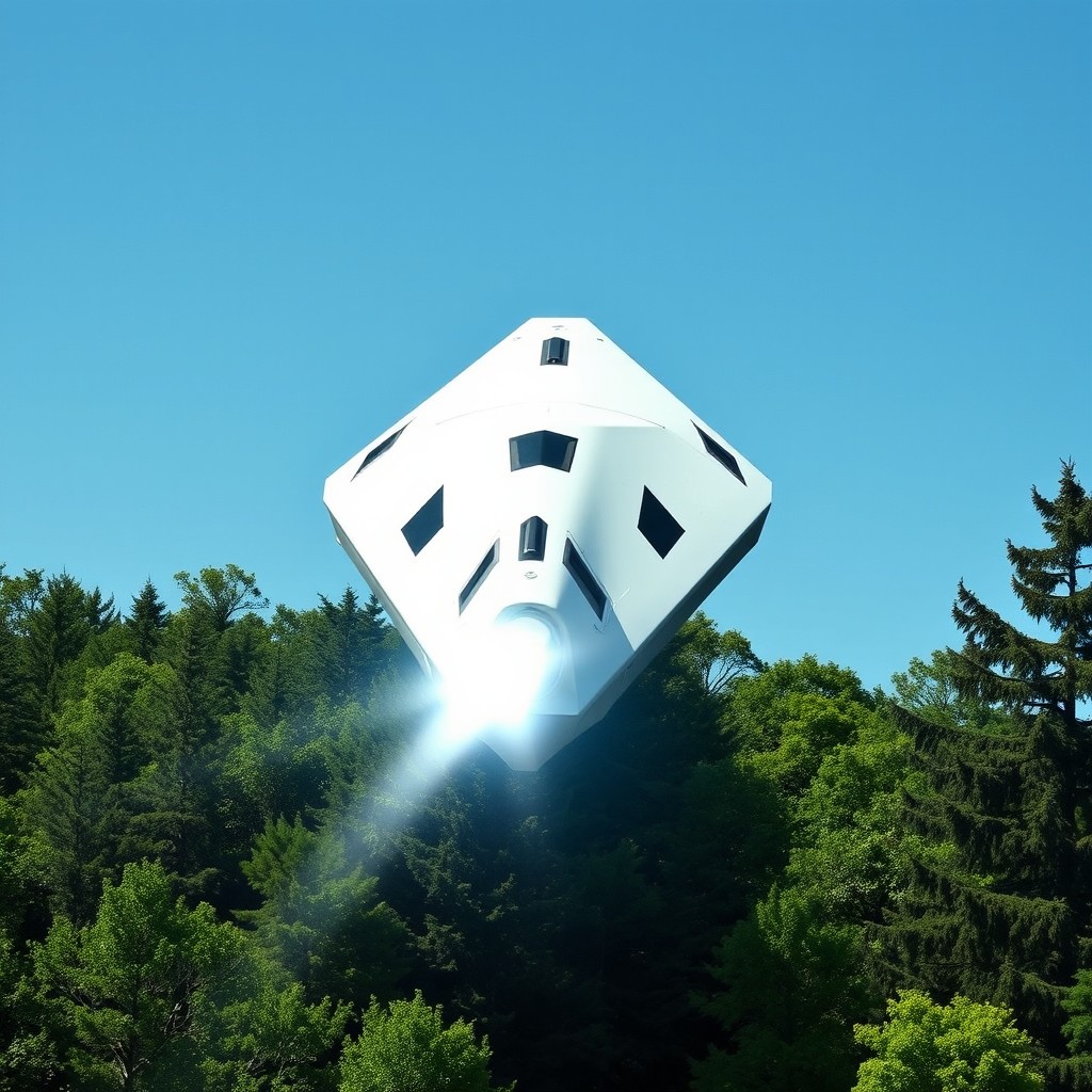 A triangular white spaceship with a sharp nose, hovering over a lush green forest