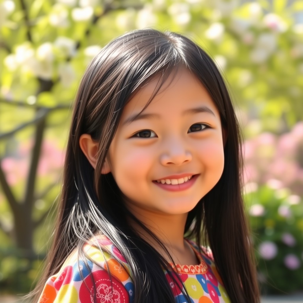 A cute Asian girl with adorable dimples, smiling brightly