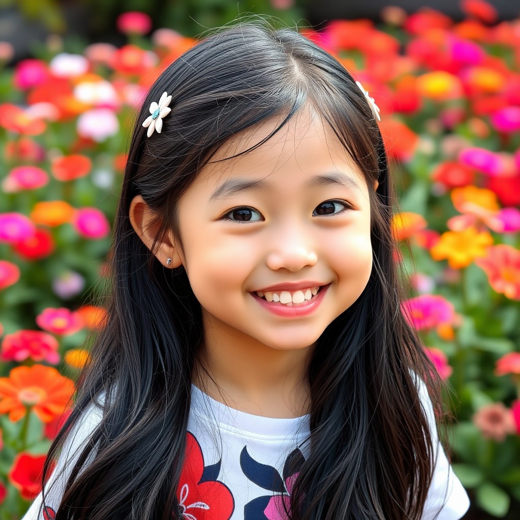 A cute Asian girl with charming dimples, smiling brightly, showcasing her playful personality