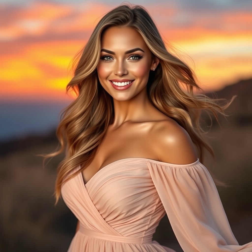 A stunningly beautiful woman with an alluring smile and captivating eyes, wearing an elegant flowing dress that gently sways in the breeze