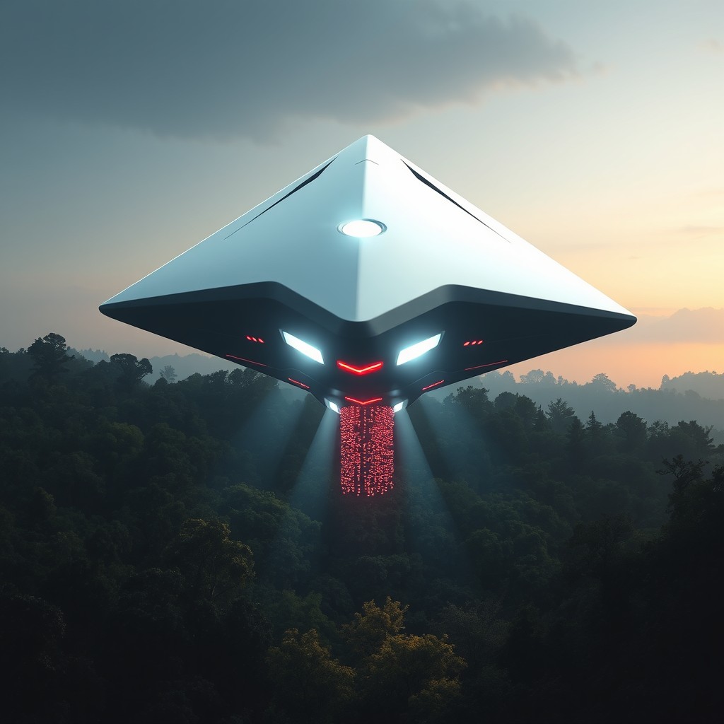 A futuristic triangular white spaceship with a sharp nose, elegantly hovering over a dense forest at dusk