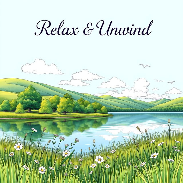 A beautifully designed coloring book cover featuring a serene landscape scene