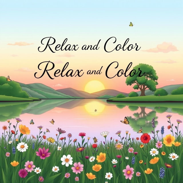 A serene and relaxing landscape coloring book cover featuring a tranquil scene of a sun setting over a calm lake, surrounded by lush green trees and gentle rolling hills