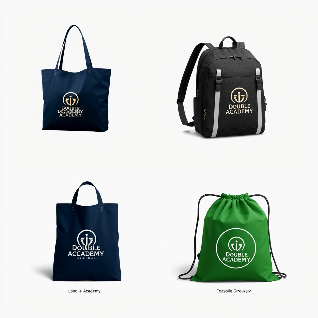 Three stylish bags featuring the 'Double Academy' logo prominently displayed