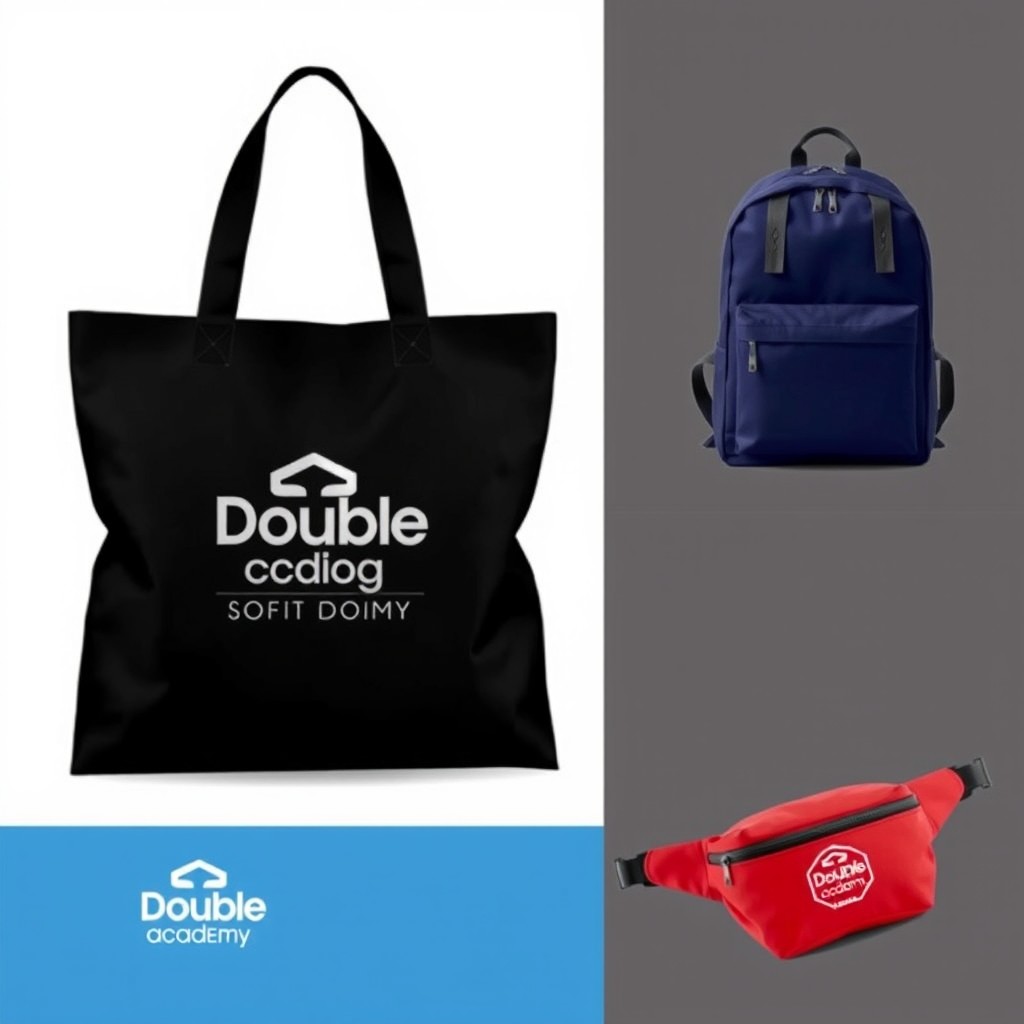 Three stylish and modern bags proposal designs featuring the logo 'Double Academy', perfect for an event