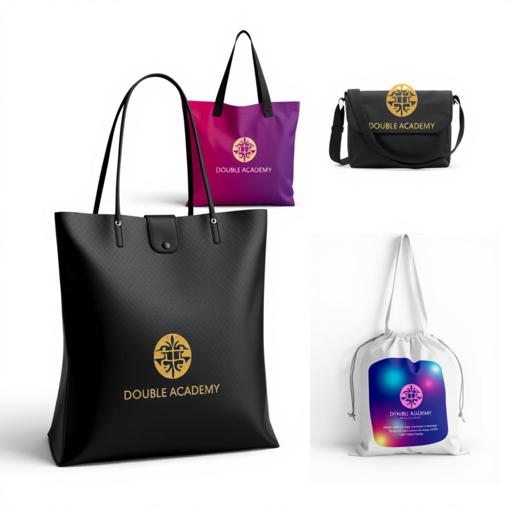 Three elegant and stylish bag designs for an event featuring the 'Double Academy' logo prominently displayed