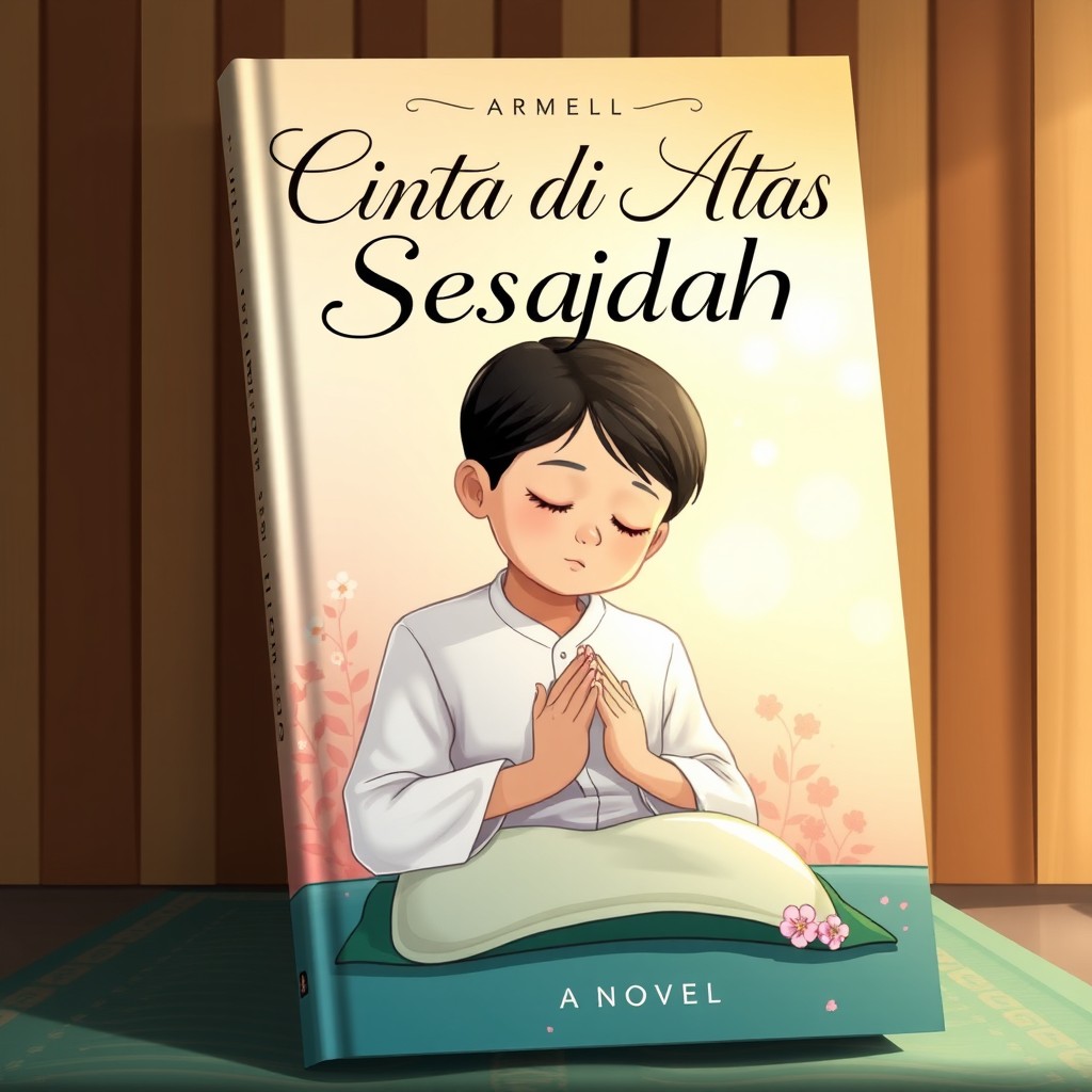 A beautiful book cover illustration for a novel titled "Cinta di Atas Sejadah"