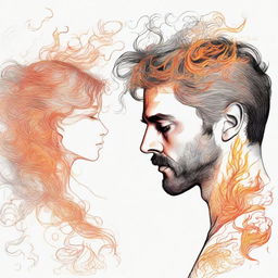 Generate a detailed drawing of a man viewing a side-profile woman, her hair imaginative and intricate as it takes the form of bright flames.