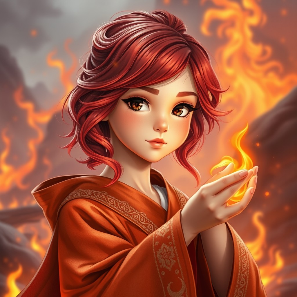 A cute young fire mage with vibrant red hair styled in loose waves, adorned with subtle light makeup that highlights her features