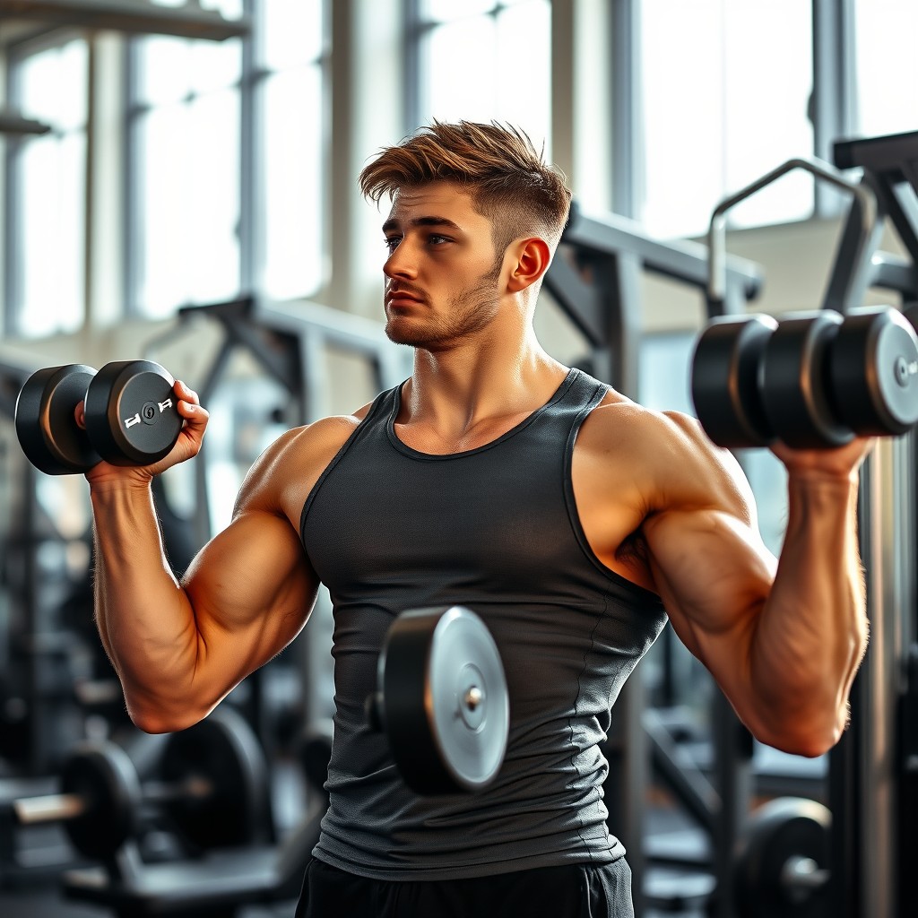 A young, athletic man training in a modern gym, lifting weights with deep focus