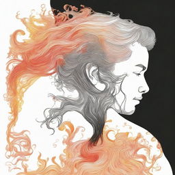 Generate a detailed drawing of a man viewing a side-profile woman, her hair imaginative and intricate as it takes the form of bright flames.