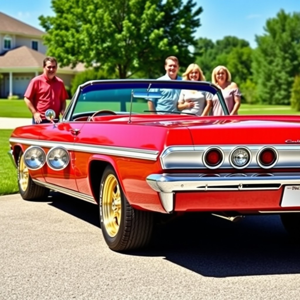 A classic 1964 Chevrolet Impala in a stunning cherry red color, showcasing its sleek lines and iconic design