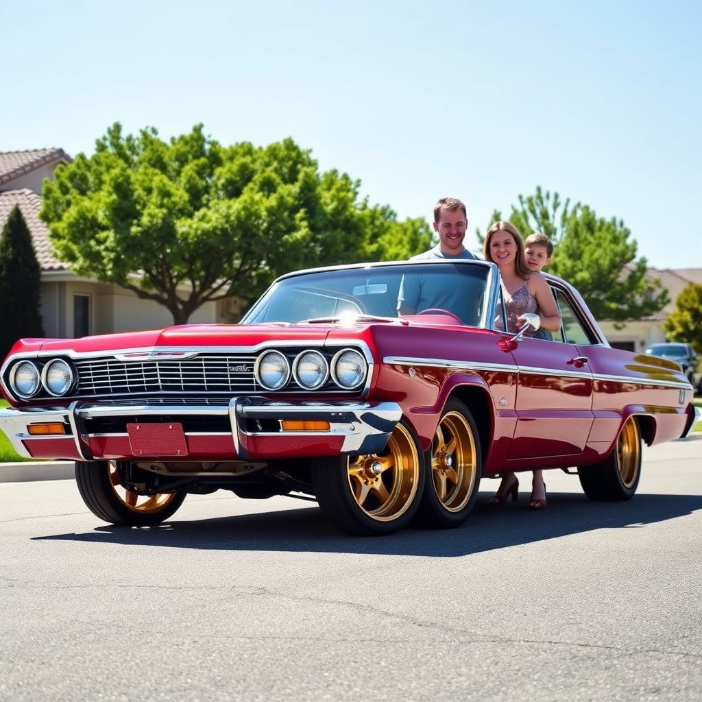 A stunning cherry red 1964 Chevy Impala with gleaming gold rims, positioned prominently in front of a happy family